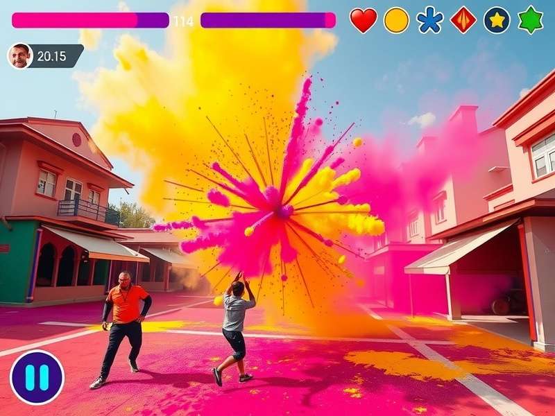 Colorful Holi Extravaganza game screenshot showing players throwing colored powder